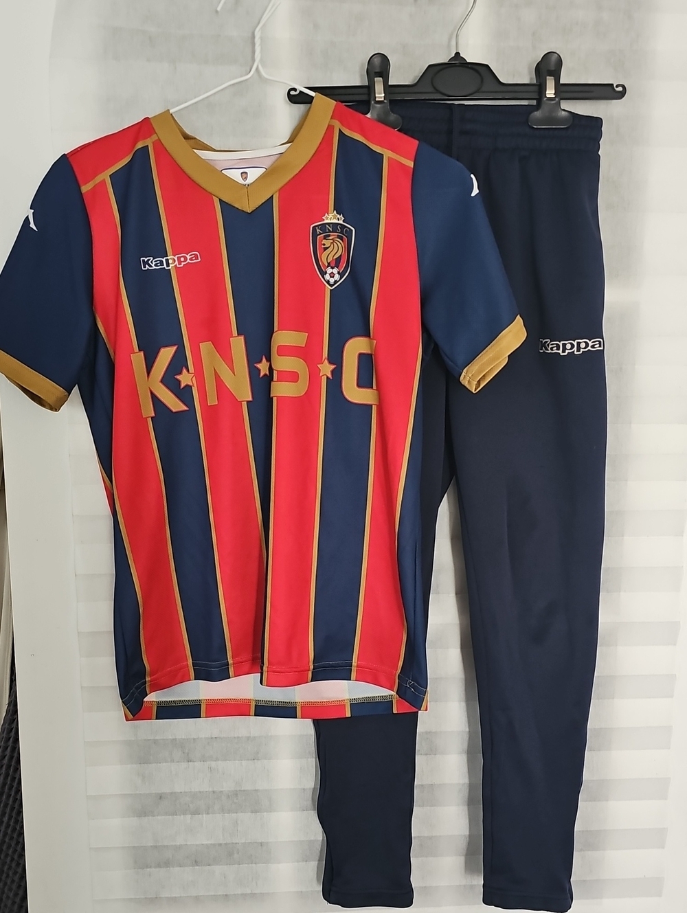 Kappa Kids Red, Navy & Gold Striped Soccer Top and Track Pants Set